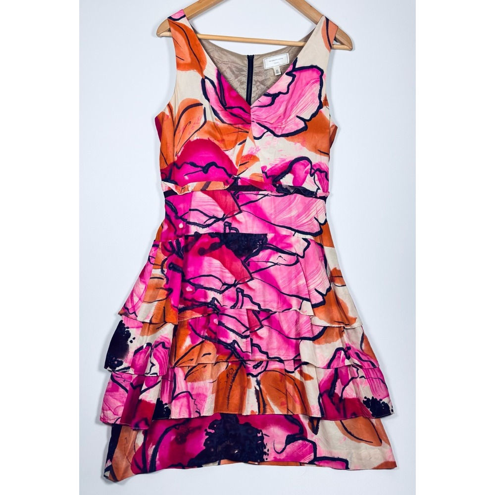 Moulinette Souers Silk Floral Dress 10 Pink Orange Tiered Ruffle Sleeveless